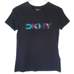 🟢2057 * DKNY Sequin Embellished Logo Tee Black Pink Purple Size XXS NWT